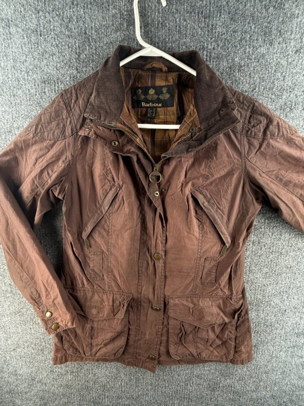 Barbour Flyweight Rebel Size 6 US Brown Lined Waxed Jacket Women Zip, Pockets